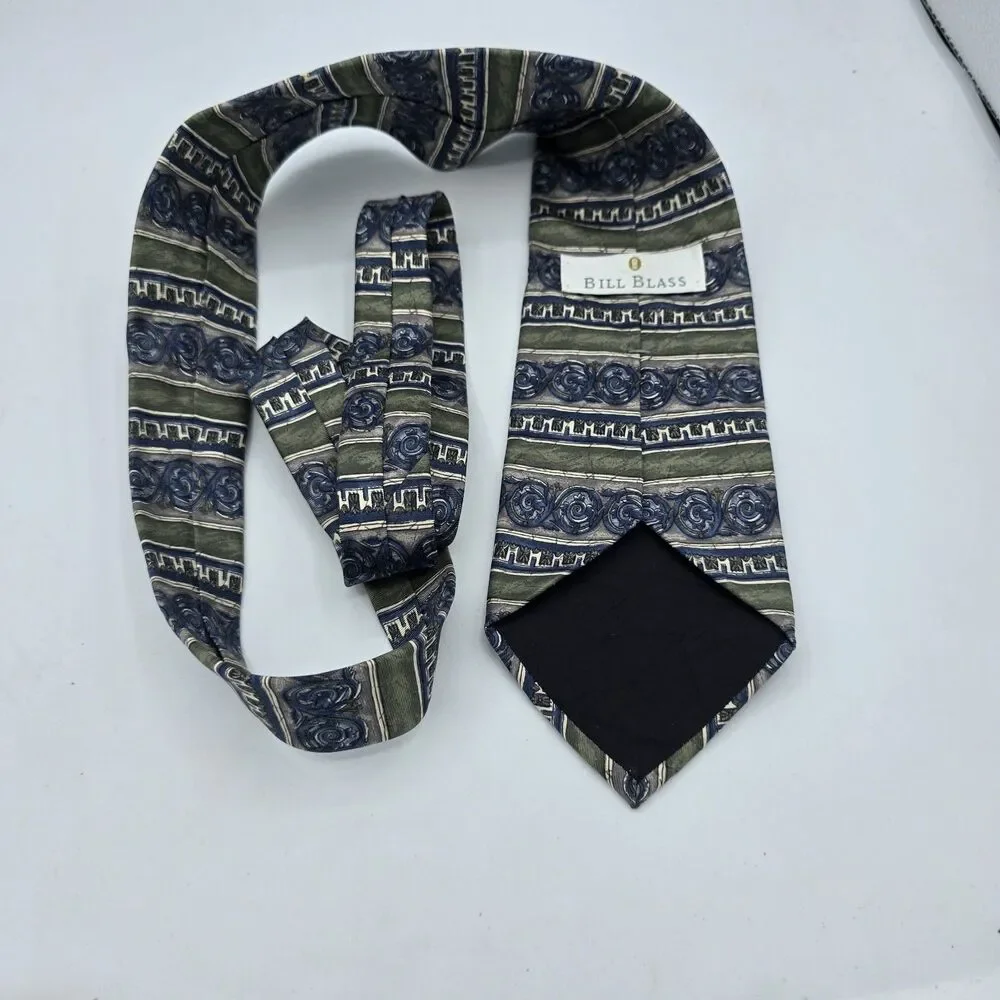 Necktie Mens Vintage Bill Blass Black Label 100% Silk, Tan Blue, Size 57 By 4